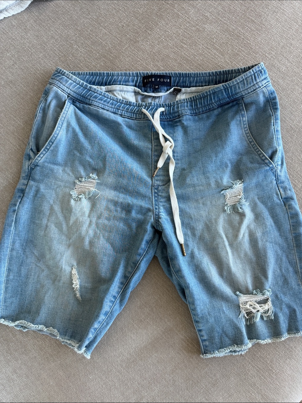 Five Four Light Blue Distressed Denim Hybrid Drawstring Shorts